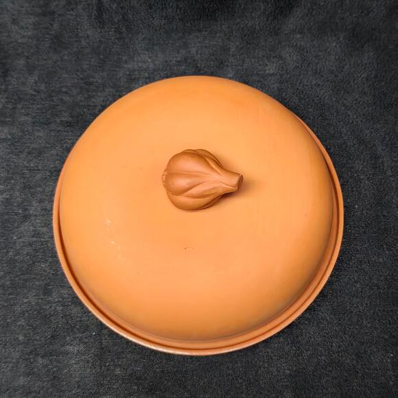Vintage Ceramic Terra Cotta Garlic Roaster Baker Glazed Plate Dome 7" - Picture 5 of 10